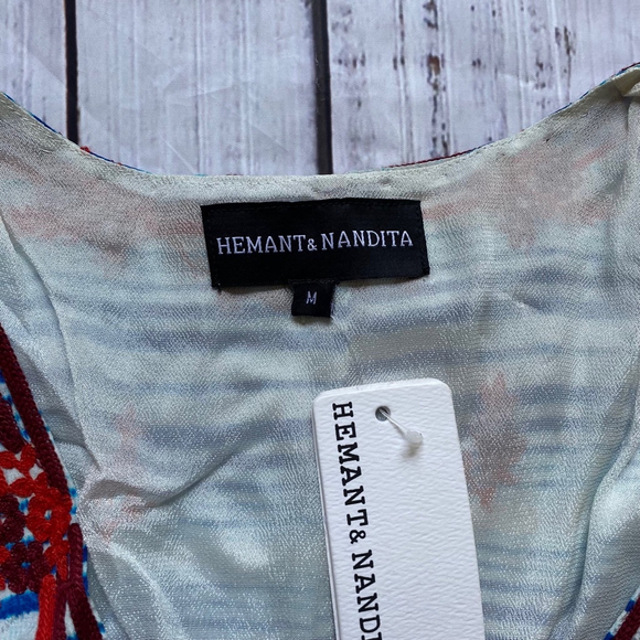 Hemant & Nandita Pom Pom Ruffle Tunic Blue Tassel Medium NWT - Picture 3 of 7